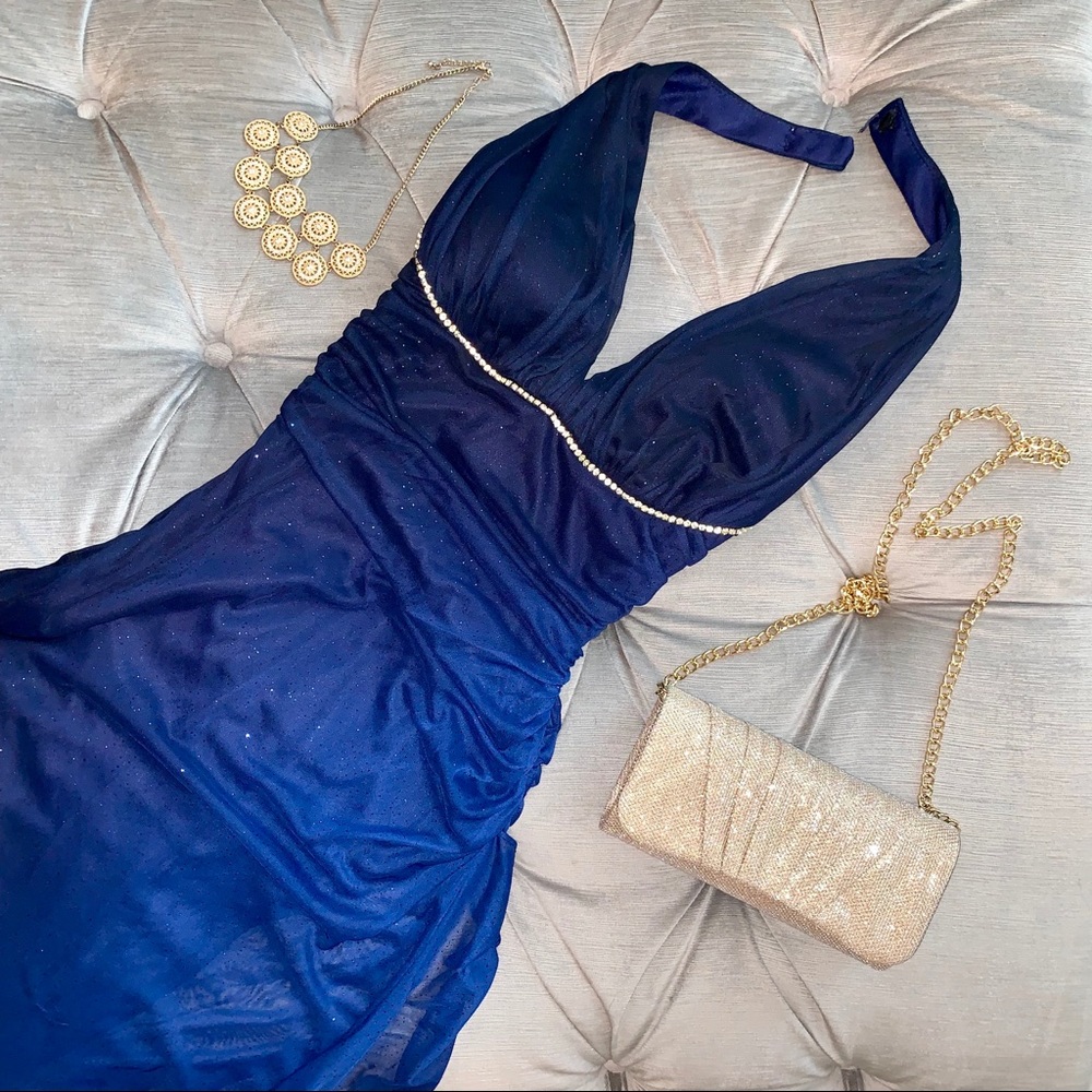 Midnight Ombre Sparkle Betsy Adam Halter Prom Gown
